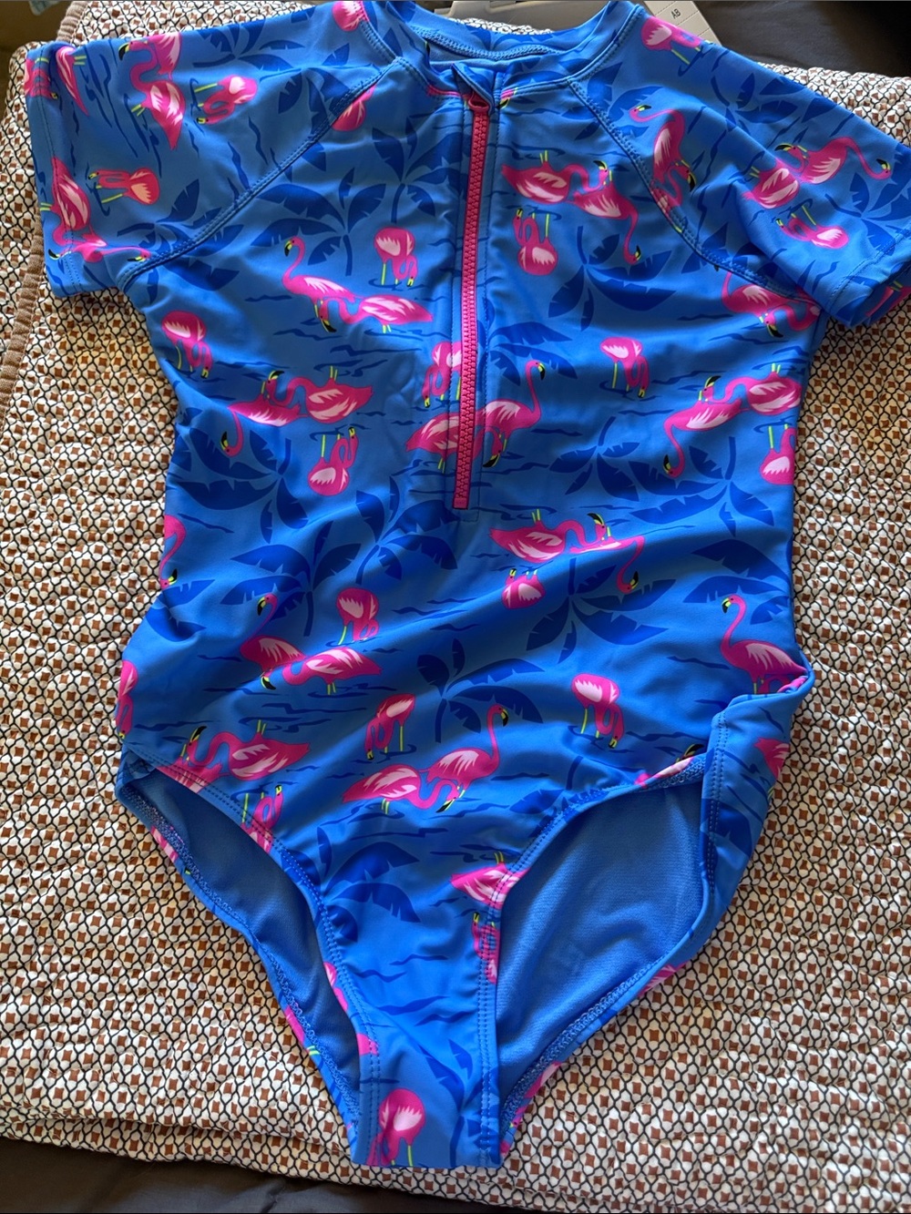 wonder nation Blue Flamingo Zip-Front Rashguard Swim Suit